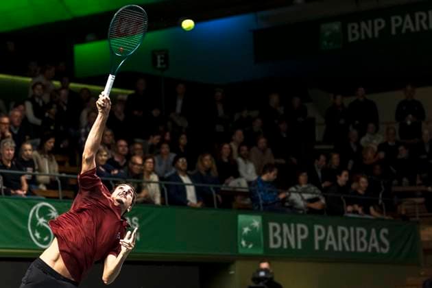 241016 Lorenzo Sonego of Italy competes in a men s singles tennis match during day 5 of the ATP, Tennis Herren 250 Nordic Open on October 16, 2024 in Stockholm. Photo: Sara Damne BILDBYRAN kod SD SD0014 tennis atp 250 nordic open day 5 bbeng Copyright: SARAxDAMNE BB241016SD056