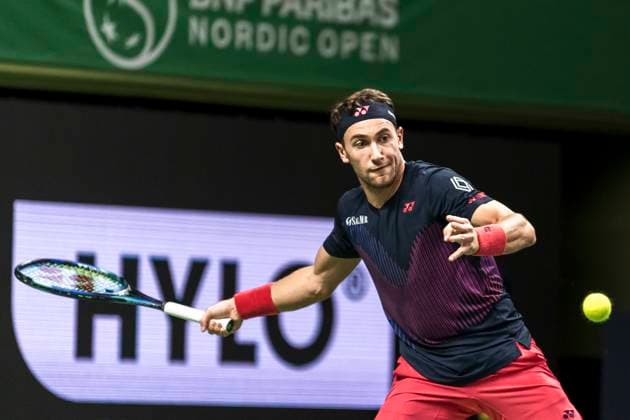 241016 Casper Ruud of Norway competes in a men s singles tennis match during day 5 of the ATP, Tennis Herren 250 Nordic Open on October 16, 2024 in Stockholm. Photo: Sara Damne BILDBYRAN kod SD SD0014 tennis atp 250 nordic open day 5 bbeng Copyright: SARAxDAMNE BB241016SD058