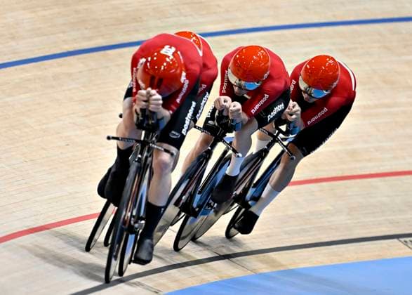DK: 20241016 Ballerup, Danmark. UCI VM i Banecykling, dag 1. M¾nd team pursuit, 1 runde. Danmark UK: 20241016 Ballerup, Denmark. UCI 2024 Track World Championships, day 1. Men team pursuit, 1. Round. Denmark 