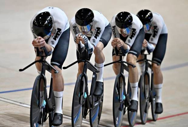 DK: 20241016 Ballerup, Danmark. UCI VM i Banecykling, dag 1. M¾nd team pursuit, 1 runde. Tyskland UK: 20241016 Ballerup, Denmark. UCI 2024 Track World Championships, day 1. Men team pursuit, 1. Round. Germany 
