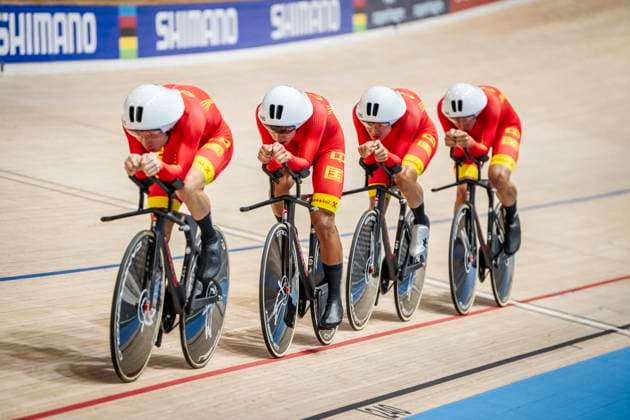 Boan Li, Mengjie, Yang Yang and Jinyan Zhang from China during the men s first round in the 4000 meter team pursuit at the World Championships in Track cycling, Rad, Radsport, Bahnrad, Bahn in Ballerup Super Arena in Denmark on Wednesday, October 16, 2024. (Photo: Mads Claus Rasmussen Ritzau Scanpix) , Ballerup Denmark Copyright: RitzauxScanpix MadsxClausxRasmussenx spdk20241016-221448-L