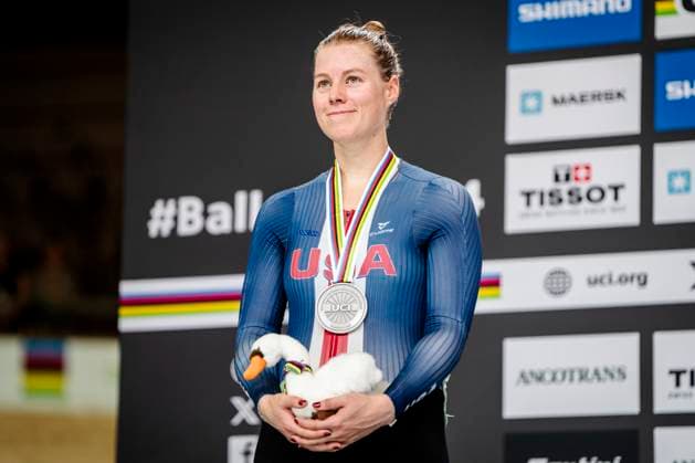 Jennifer Valente from USA wins silver in the women s scratch race at the World Championship, WM, Weltmeisterschaft in Track cycling, Rad, Radsport, Bahnrad, Bahn in Ballerup Super Arena in Denmark on Wednesday, October 16, 2024.. (Photo: Mads Claus Rasmussen Ritzau Scanpix) , Ballerup Denmark Copyright: RitzauxScanpix MadsxClausxRasmussenx spdk20241016-215211-L