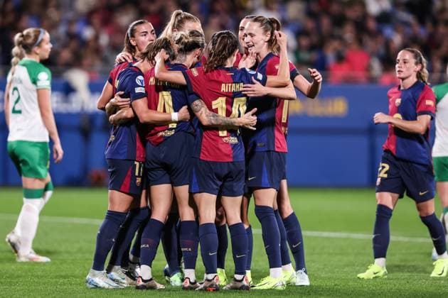 October 16, 2024, Sant Joan Despi, Barcelona, Spain: Mapi Leon of FC Barcelona, Barca Femenino celebrates a goal with her teammates during the UEFA WomenÃ¢â‚¬â ¢s Champions League, football match played between FC Barcelona and Hammarby IF at Johan Cruyff Stadium on October 16, 2024 in Sant Joan Despi, Spain. Sant Joan Despi Spain - ZUMAa181 20241016_zaa_a181_049 Copyright: xJavierxBorregox