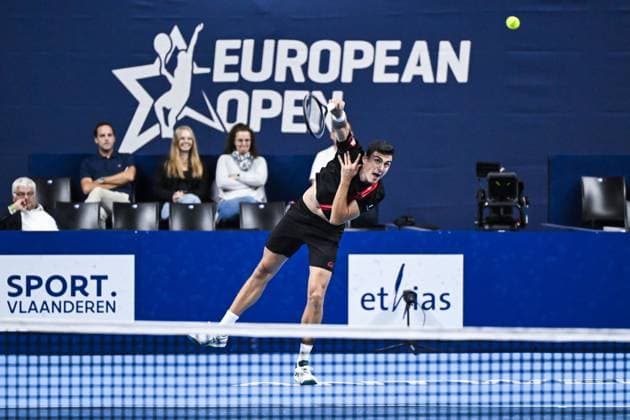 Austrian Alexander Erler pictured in action during a tennis match in the quarter final of the doubles competition at the ATP, Tennis Herren European Open Tennis tournament in Antwerp, Thursday 17 October 2024. TOM GOYVAERTS TomxGoyvaerts  x102774296x