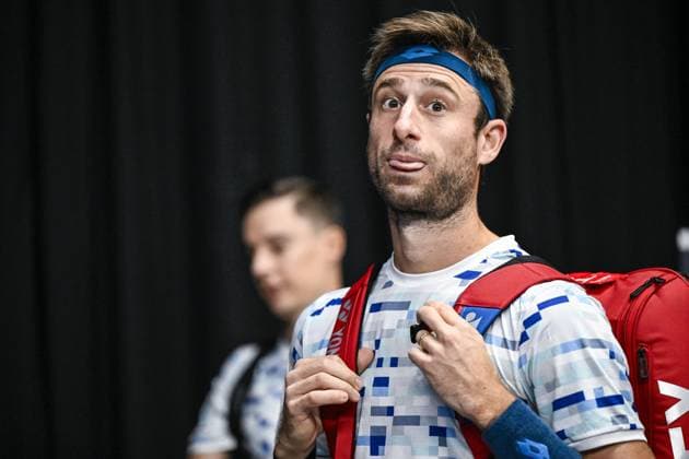 Belgian Sander Gille pictured before a tennis match in the quarter final of the doubles competition at the ATP, Tennis Herren European Open Tennis tournament in Antwerp, Thursday 17 October 2024. TOM GOYVAERTS TomxGoyvaerts  x102774965x