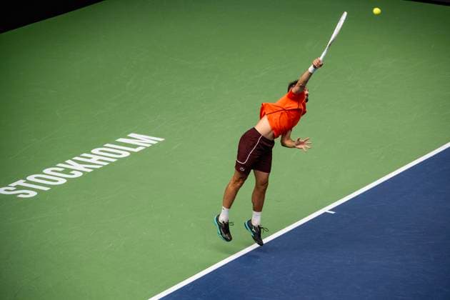 STOCKHOLM 20241017 Dubbelmatchen mellan Gonzalo Escobar och Diego Hidalgo fran Ecuador mot Hugo Nys fran Monaco (bild) och Jan Zielinski fran Polen under Stockholm Open i Kungliga tennishallen. Stockholm SVERIGE x10430x