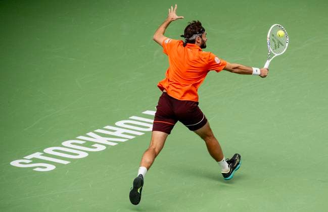 STOCKHOLM 20241017 Dubbelmatchen mellan Gonzalo Escobar och Diego Hidalgo fran Ecuador mot Hugo Nys fran Monaco (bild) och Jan Zielinski fran Polen under Stockholm Open i Kungliga tennishallen. Stockholm SVERIGE x10430x