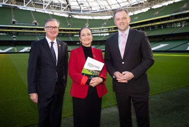 Launch Ireland™s First Ever Major International Sports Events Policy & Strategy Framework, Aviva Stadium, Dublin 17 10 2024 Golf Ireland Chief Executive Officer Mark Kennelly, Minister for Tourism, Culture, Arts, Gaeltacht, and Media, Catherine Martin TD and Minister of State for Sport, Physical Education and the Gaeltacht, Thomas Byrne TD Mark Kennelly, Catherine Martin TD and Thomas Byrne TD 17 10 2024 Copyright: x INPHO TomxMaherx BI7I0054