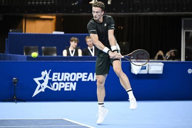 Czech Jiri Lehecka pictured in action during a tennis match in the round of 16 of the singles competition at the ATP, Tennis Herren European Open Tennis tournament in Antwerp, Thursday 17 October 2024. TOM GOYVAERTS TomxGoyvaerts  x102779468x