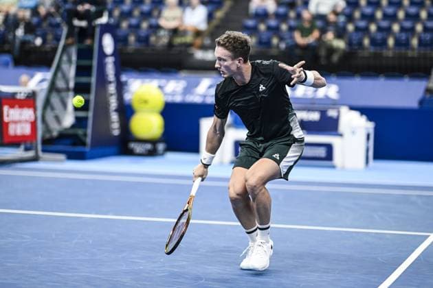 Czech Jiri Lehecka pictured in action during a tennis match in the round of 16 of the singles competition at the ATP, Tennis Herren European Open Tennis tournament in Antwerp, Thursday 17 October 2024. TOM GOYVAERTS TomxGoyvaerts  x102780220x
