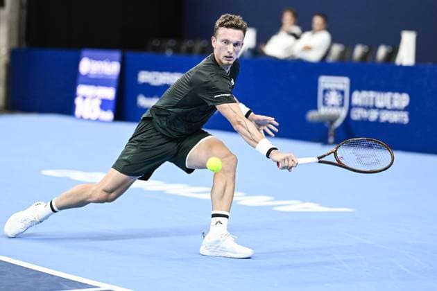 Czech Jiri Lehecka pictured in action during a tennis match in the round of 16 of the singles competition at the ATP, Tennis Herren European Open Tennis tournament in Antwerp, Thursday 17 October 2024. TOM GOYVAERTS TomxGoyvaerts  x102780225x