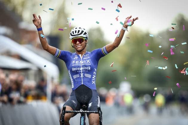 Dutch Ceylin Del Carmen Alvarado celebrates as she crosses the finish line at the women s elite race of the Kermiscross cyclocross cycling event in Ardooie, Thursday 17 October 2024. DAVIDxPINTENS  x102784404x