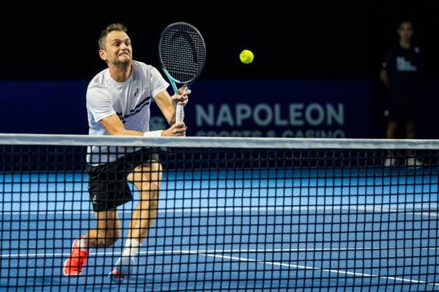Kazach Aleksandr Nedovyesov pictured in action during a tennis match in the quarter final of the doubles competition at the ATP, Tennis Herren European Open Tennis tournament in Antwerp, Thursday 17 October 2024. JASPERxJACOBS  x102784579x
