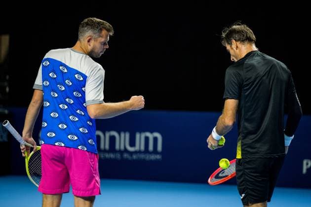 Adam Pavlasek and Croatian Ivan Dodig pictured in action during a tennis match in the quarter final of the doubles competition at the ATP, Tennis Herren European Open Tennis tournament in Antwerp, Thursday 17 October 2024. JASPERxJACOBS  x102784616x