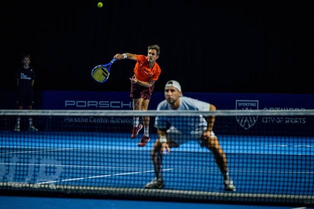 Adouard Roger Vasselin pictured in action during a tennis match in the quarter final of the doubles competition at the ATP, Tennis Herren European Open Tennis tournament in Antwerp, Thursday 17 October 2024. JASPERxJACOBS  x102785135x