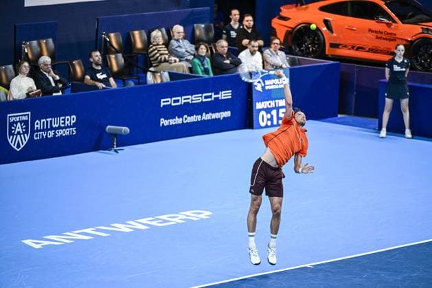 French Arthur Rinderknech pictured in action during a tennis match in the round of 16 of the singles competition at the ATP, Tennis Herren European Open Tennis tournament in Antwerp, Thursday 17 October 2024. TOM GOYVAERTS TomxGoyvaerts  x102786676x