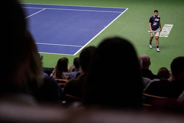 241017 Miomir Kecmanovic of Serbia competes in a men s singles tennis match during day 6 of the ATP, Tennis Herren 250 Nordic Open on October 17, 2024 in Stockholm. Photo: Jesper Zerman BILDBYRAN kod JZ JZ0581 tennis atp 250 nordic open day 6 bbeng Copyright: JESPERxZERMAN BB241017JZ001