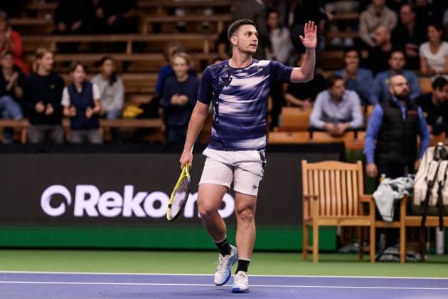 241017 Miomir Kecmanovic of Serbia celebrates as he competes in a men s singles tennis match during day 6 of the ATP, Tennis Herren 250 Nordic Open on October 17, 2024 in Stockholm. Photo: Jesper Zerman BILDBYRAN kod JZ JZ0581 tennis atp 250 nordic open day 6 bbeng jubel Copyright: JESPERxZERMAN BB241017JZ006