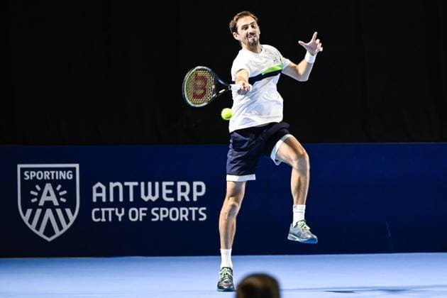 Argentinian Andres Molteni pictured in action during a tennis match in the quarter final of the doubles competition at the ATP, Tennis Herren European Open Tennis tournament in Antwerp, Thursday 17 October 2024. TOM GOYVAERTS TomxGoyvaerts  x102796990x