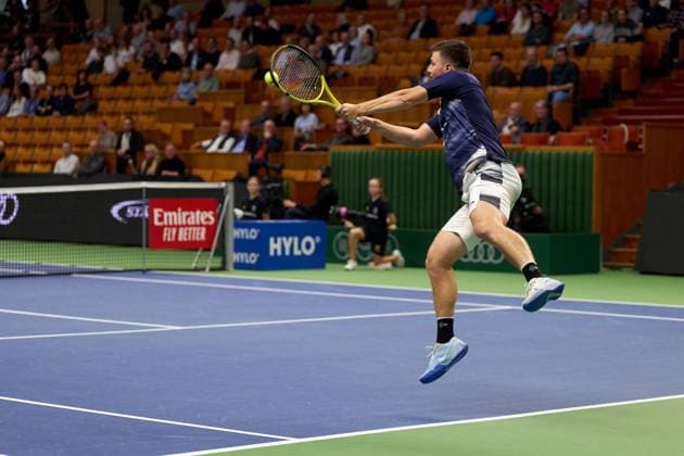 Miomir Kecmanovic of Serbia returns a forehand to Nicolas Jarry of Chile during the second round match of the Stockholm Open at The Royal Tennis Hall on October17, 2024 in Stockholm, Sweden. (Photo by Camilla Stolen Imago) Stockholm Sweden Copyright: xCamillaxStolenx L2360310