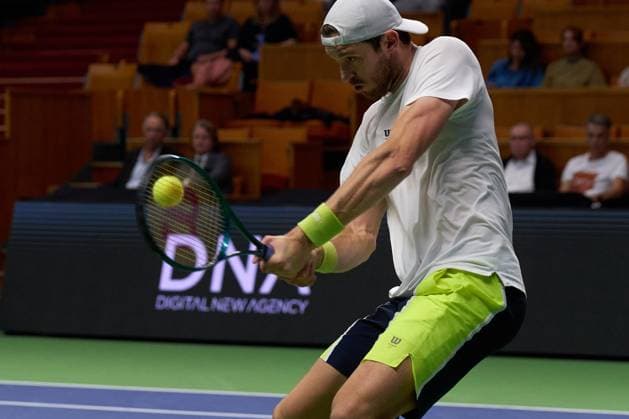 Nicolas Jarry of Chile returns a backhand to Miomir Kecmanovic of Serbia during the second round match of the Stockholm Open at The Royal Tennis Hall on October17, 2024 in Stockholm, Sweden. (Photo by Camilla Stolen Imago) Stockholm Sweden Copyright: xCamillaxStolenx L2360489