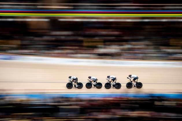 Franziska Brausse, Lisa Klein, Mieke Kroger and Laura Sussemilch from Germany during the first round of the women s 4000 meter team pursuit on the second day of the World Championship, WM, Weltmeisterschaft in Track cycling, Rad, Radsport, Bahnrad, Bahn at Ballerup Super Arena Thursday, October 17, 2024. , Ballerup Denmark Copyright: RitzauxScanpix MadsxClausxRasmussenx spdk20241017-191312-L