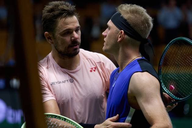 Stan Wawrinka of Switzerland salutes Alejandro Davidovich Fokina of Spain at the net after his second round match win at the Stockholm Open at The Royal Tennis Hall on October17, 2024 in Stockholm, Sweden. (Photo by Camilla Stolen Imago) Stockholm Sweden Copyright: xCamillaxStolenx L2380009