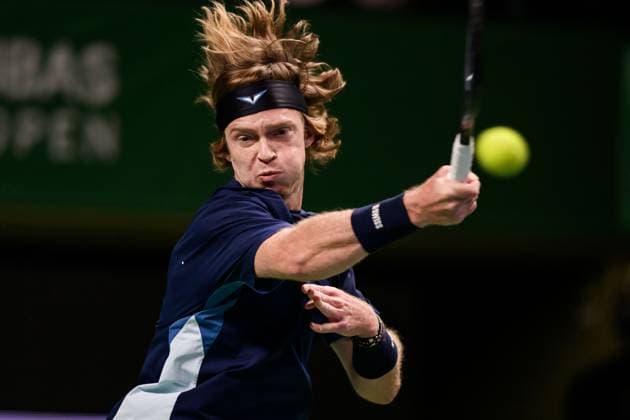 241017 Andrey Rublev of Russia competes in a men s singles tennis match during day 6 of the ATP, Tennis Herren 250 Nordic Open on October 17, 2024 in Stockholm. Photo: Jesper Zerman BILDBYRAN kod JZ JZ0581 tennis atp 250 nordic open day 6 bbeng Copyright: JESPERxZERMAN BB241017JZ039