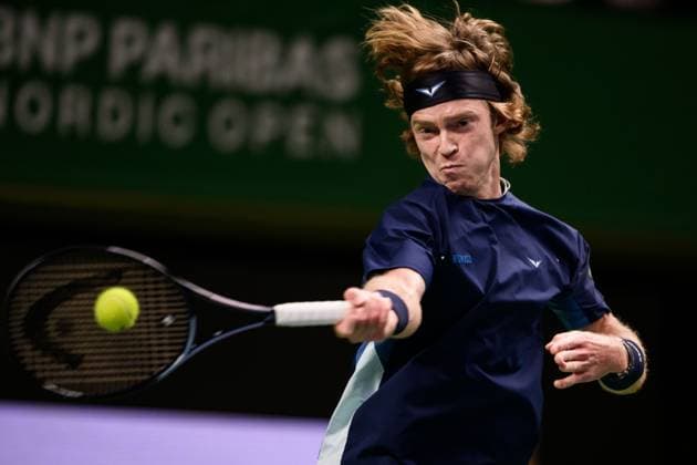 241017 Andrey Rublev of Russia competes in a men s singles tennis match during day 6 of the ATP, Tennis Herren 250 Nordic Open on October 17, 2024 in Stockholm. Photo: Jesper Zerman BILDBYRAN kod JZ JZ0581 tennis atp 250 nordic open day 6 bbeng Copyright: JESPERxZERMAN BB241017JZ040