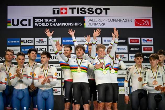 DK: 20241017 Ballerup, Danmark. UCI VM i Banecykling, dag 2. M¾nd Team pursuit. Danmark vinder guld, Storbritanien, s¿lv og Tyskland bronze UK: 20241017 Ballerup, Denmark. UCI 2024 Track World Championships, day 2. Team pursuit for men. Denmark win gold, Great Britain silver, Germany bronze 