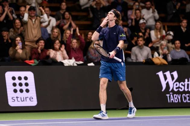 241017 Andrey Rublev of Russia celebrates after competing in a men s singles tennis match during day 6 of the ATP, Tennis Herren 250 Nordic Open on October 17, 2024 in Stockholm. Photo: Jesper Zerman BILDBYRAN kod JZ JZ0581 tennis atp 250 nordic open day 6 bbeng jubel Copyright: JESPERxZERMAN BB241017JZ046