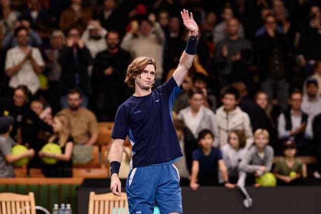 241017 Andrey Rublev of Russia celebrates after a men s singles tennis match during day 6 of the ATP, Tennis Herren 250 Nordic Open on October 17, 2024 in Stockholm. Photo: Jesper Zerman BILDBYRAN kod JZ JZ0581 tennis atp 250 nordic open day 6 bbeng jubel Copyright: JESPERxZERMAN BB241017JZ049