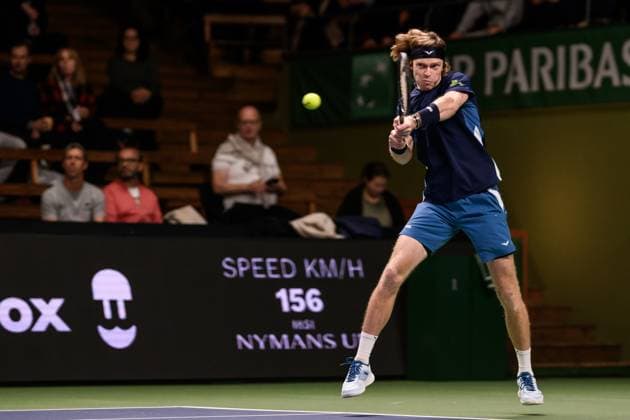 241017 Andrey Rublev of Russia competes in a men s singles tennis match during day 6 of the ATP, Tennis Herren 250 Nordic Open on October 17, 2024 in Stockholm. Photo: Jesper Zerman BILDBYRAN kod JZ JZ0581 tennis atp 250 nordic open day 6 bbeng Copyright: JESPERxZERMAN BB241017JZ050