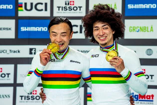 241017 Kazushige Kuboki of Japan and Shinji Nakano of Japan celebrates after day 2 of the 2024 UCI Tissot Track cycling, Rad, Radsport, Bahnrad, Bahn World Championships on October 17, 2024 in Ballerup. Photo: Christian Örnberg BILDBYRAN COP 166 CO0480 cykling cycling sykling landslaget national team, Nationalteam 2 bbeng grappa33 jubel Copyright: CHRISTIANxÖRNBERG BB241017CO108