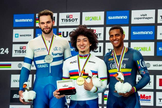241017 Kento Yamasaki of Japan, Mikhail Yakovlev of Israel and Kevin Santiago Quintero Chavarro of Colombia celebrates after Men s Keirin during day 2 of the 2024 UCI Tissot Track cycling, Rad, Radsport, Bahnrad, Bahn World Championships on October 17, 2024 in Ballerup. Photo: Christian Örnberg BILDBYRAN COP 166 CO0480 cykling cycling sykling landslaget national team, Nationalteam 2 bbeng grappa33 jubel Copyright: CHRISTIANxÖRNBERG BB241017CO112