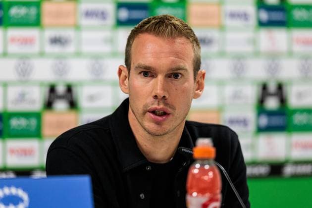 UEFA Women’s Champions League: VfL Wolfsburg - Olympique Lyonnais; 17.10.2024 Tommy Stroot (Trainer VfL Wolfsburg) während der Pressekonferenz UEFA Women’s Champions League: VfL Wolfsburg - Olympique Lyonnais, Wolfsburg, AOK Stadion am 17.10.2024 Copyright: xBEAUTIFULxSPORTS Wunderlx