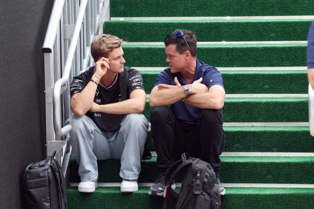 Mick Schumacher (GER) Mercedes Ersatzfahrer und Dirk Mueller (GER) Ford WEC Werksfahrer im Gespräch, Fahrerlager, Formel 1 Pirelli Grand Prix, FIA F1 Weltmeisterschaft, Circuit of Amerika, Austin Texas, 17.10.2024, USA, Vorbereitung auf das Wochenende