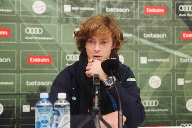Stockholm 20241017 Andrey Rublev vid pressträff under BNP Paribas Nordic Open i Kungliga tennishalen i Stockholm. Foto : Patrik Jonsson TT kod 64265