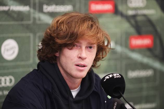 Stockholm 20241017 Andrey Rublev vid pressträff under BNP Paribas Nordic Open i Kungliga tennishalen i Stockholm. Foto : Patrik Jonsson TT kod 64265
