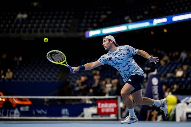 Austrian Lucas Miedler pictured in action during a tennis match in the semi finals of the doubles competition at the ATP, Tennis Herren European Open Tennis tournament in Antwerp, Friday 18 October 2024. JASPERxJACOBS  x102859269x