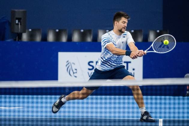 Dutch Sander Arends pictured in action during a tennis match in the semi finals of the doubles competition at the ATP, Tennis Herren European Open Tennis tournament in Antwerp, Friday 18 October 2024. JASPERxJACOBS  x102859645x