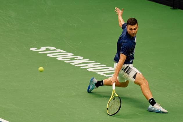 Miomir Kecmanovic of Serbia returns a ball to Tommy Paul of United States during the third round match of the Stockholm Open at The Royal Tennis Hall on October18, 2024 in Stockholm, Sweden. (Photo by Camilla Stolen Imago) Stockholm Sweden Copyright: xCamillaxStolenx L2380703