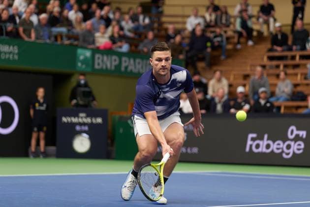 Miomir Kecmanovic of Serbia returns a forehand to Tommy Paul of United States during the third round match of the Stockholm Open at The Royal Tennis Hall on October18, 2024 in Stockholm, Sweden. (Photo by Camilla Stolen Imago) Stockholm Sweden Copyright: xCamillaxStolenx L2380451