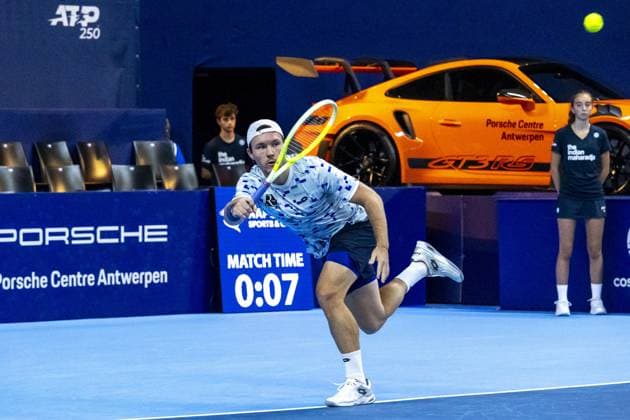 Austrian Lucas Miedler pictured in action during a tennis match in the semi finals of the doubles competition at the ATP, Tennis Herren European Open Tennis tournament in Antwerp, Friday 18 October 2024. WARDxVANDAEL  x102862310x