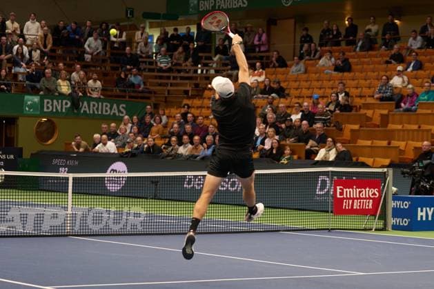 Tommy Paul of United States returns a forehand to Miomir Kecmanovic of Serbia during the third round match of the Stockholm Open at The Royal Tennis Hall on October18, 2024 in Stockholm, Sweden. (Photo by Camilla Stolen Imago) Stockholm Sweden Copyright: xCamillaxStolenx L2380855A