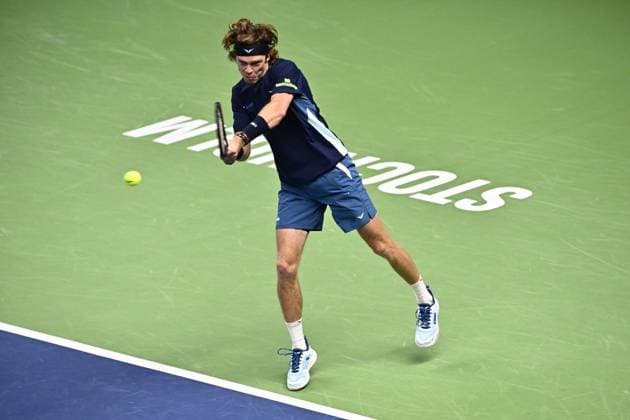 STOCKHOLM, SVERIGE 20241018 Andrej Rubljov, som spelar under neutral flagg, i kvartsfinal i BNP Paribas Nordic Open mot Stan Wawrinka, Schweiz,, i Kungliga tennishallen. STOCKHOLM SVERIGE x10040x