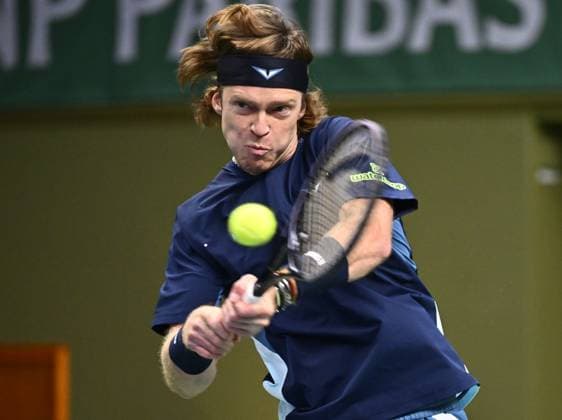 STOCKHOLM, SWEDEN 20241018 Andrei Rublev, playing under a neutral flag, in action during the quarter-final BNP Paribas Nordic Open ATP, Tennis Herren tennis match against Stan Wawrinka, Switzerland, at the Royal Tennis Hall, in Stockholm, Sweden, on Oct. 18, 2024. STOCKHOLM SWEDEN x10040x