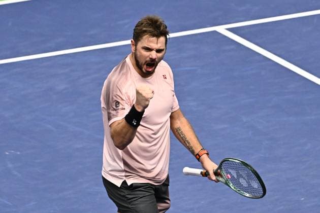 STOCKHOLM, SWEDEN 20241018 Stan Wawrinka, Switzerland, in action during the quarter-final BNP Paribas Nordic Open ATP, Tennis Herren tennis match against Andrei Rublev, playing under a neutral flag, at the Royal Tennis Hall, in Stockholm, Sweden, on Oct. 18, 2024. STOCKHOLM SWEDEN x10040x