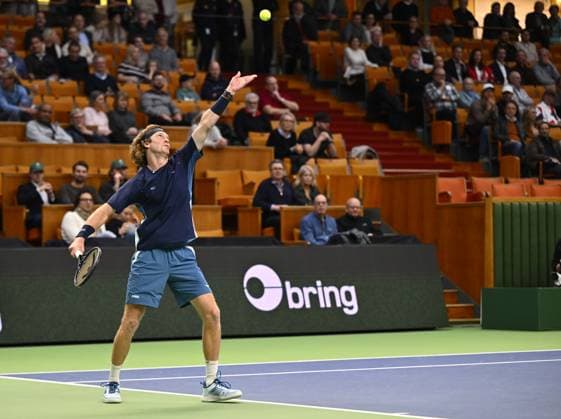 STOCKHOLM, SVERIGE 20241018 Andrej Rubljov, som spelar under neutral flagg, i kvartsfinal i BNP Paribas Nordic Open mot Stan Wawrinka, Schweiz,, i Kungliga tennishallen. STOCKHOLM SVERIGE x10040x
