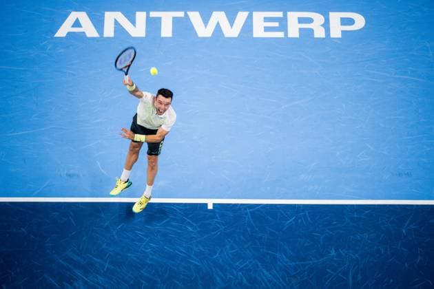 Canadian Felix Auger-Aliassime pictured in action during a tennis match in the quarter finals of the singles competition at the ATP, Tennis Herren European Open Tennis tournament in Antwerp, Friday 18 October 2024. JASPERxJACOBS  x102869888x